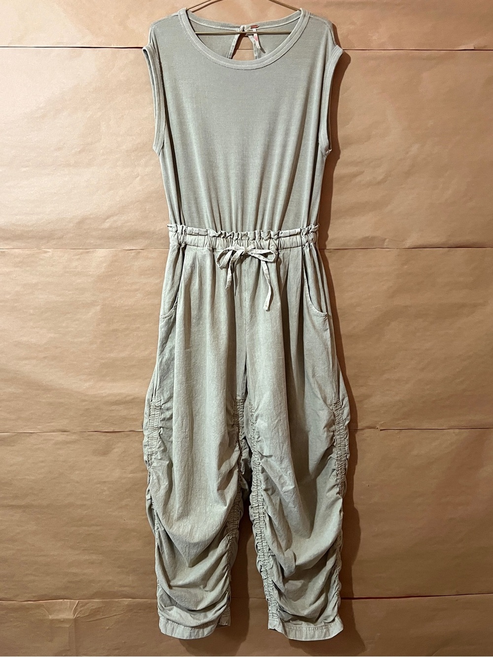 Free People | Mixed Media One Piece Jumpsuit Sand Jam Ruched Barrel Leg Size S